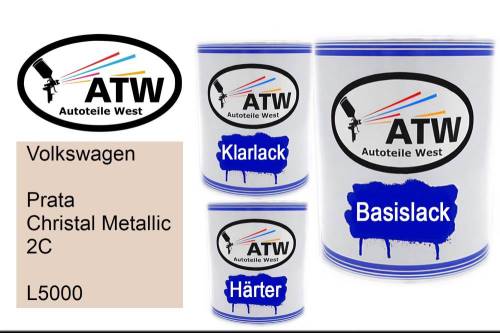 Volkswagen, Prata Christal Metallic 2C, L5000: 1L Lackdose + 1L Klarlack + 500ml Härter - Set, von ATW Autoteile West.